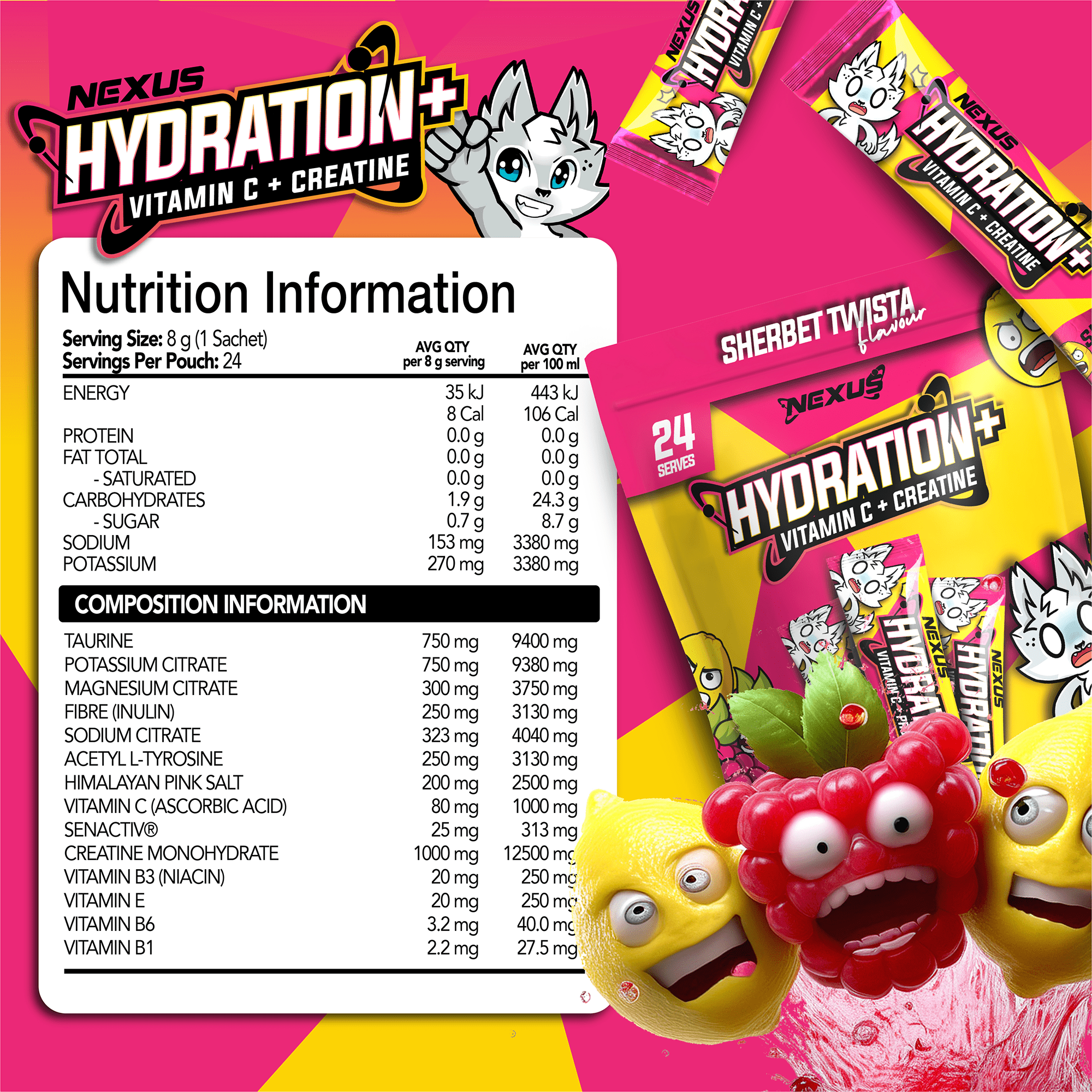 Nexus Nutrition Hydration+ in Sherbert Twista flavor, showing a vibrant, colorful supplement container with the product label visible.