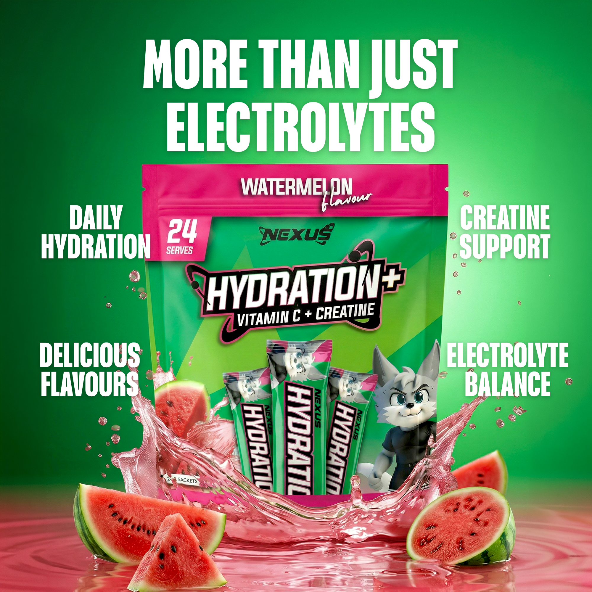 Nexus Nutrition Hydration+ Watermelon electrolyte drink mix in a vibrant watermelon flavor, in a clear container with a bright label.