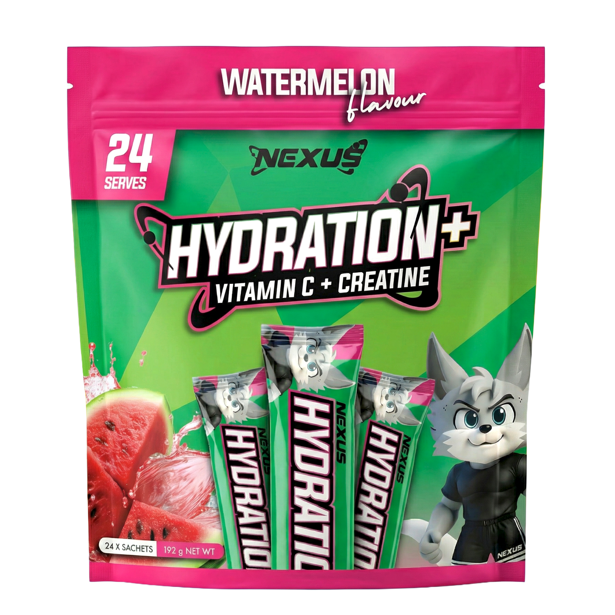 Nexus Nutrition Hydration+ watermelon flavored electrolyte drink in a clear bottle with pink and green labeling.