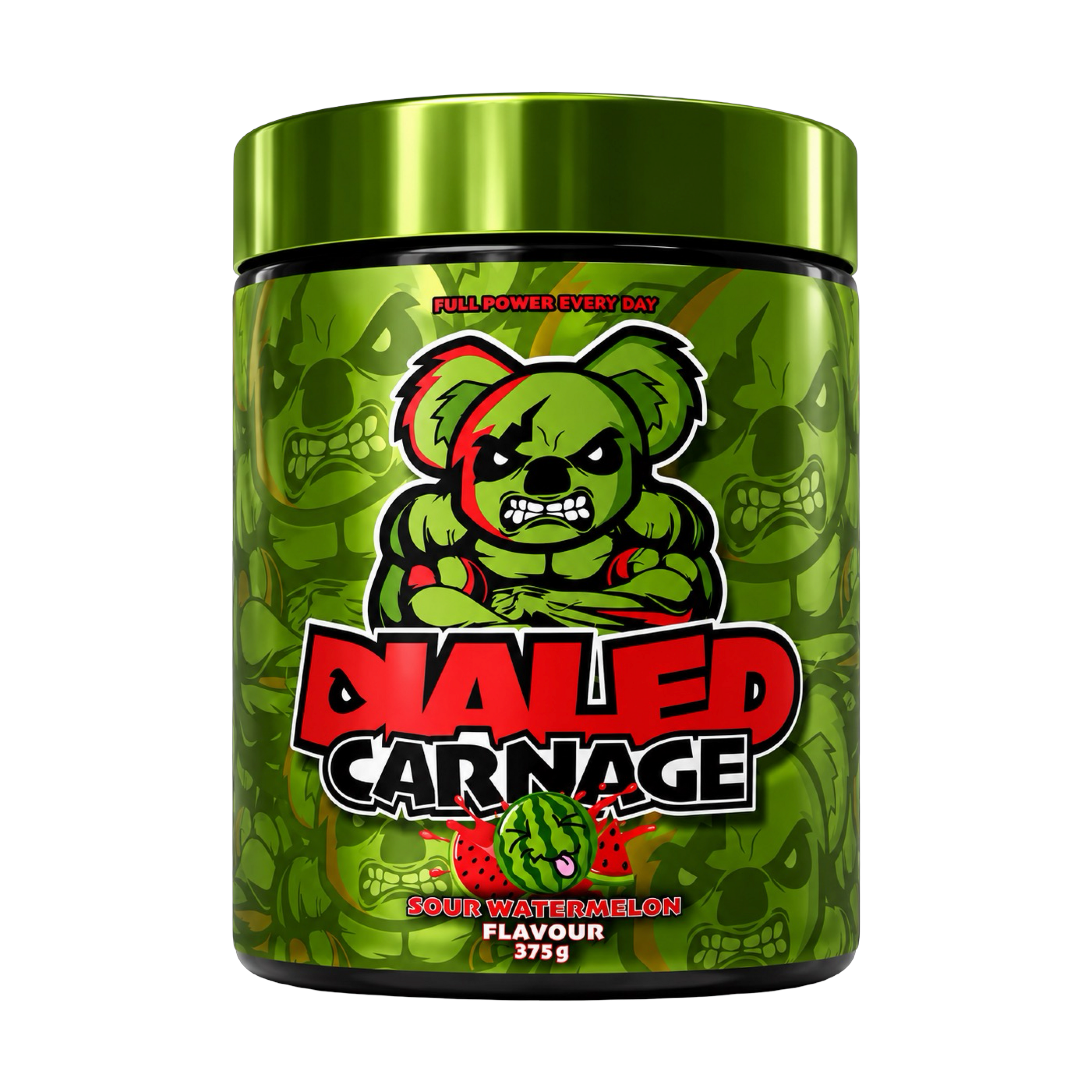 Dialed Carnage Pre Workout V2 by The X Athletics, energy-boosting supplement in a black and red container with a scoop of powder.