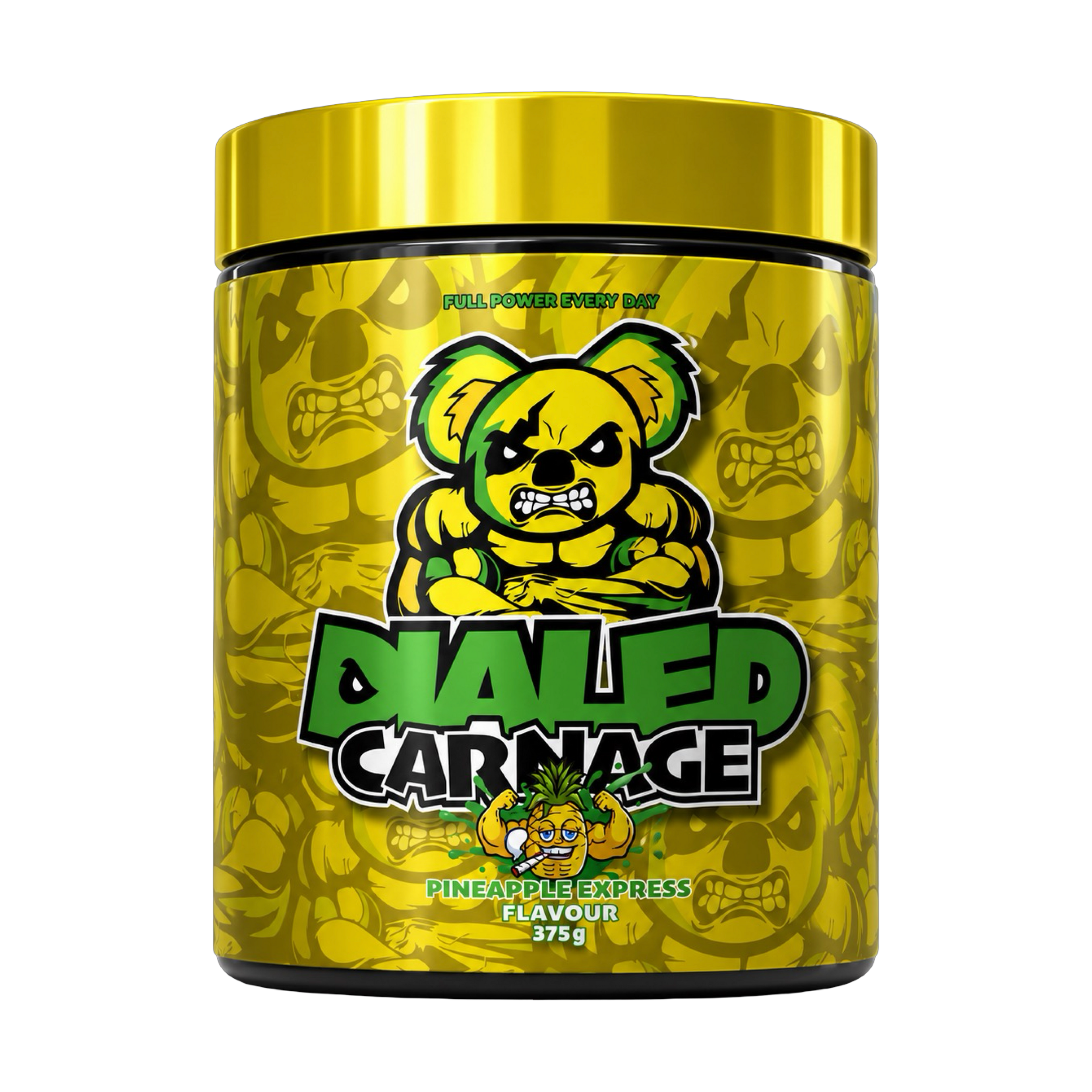 The X Athletics Dialed Carnage Pre Workout V2 powder in a colorful container, with scoop and label visible.