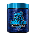 Dialed Carnage Pre Workout V2 by The X Athletics, showing the supplement container with vibrant branding and label details.