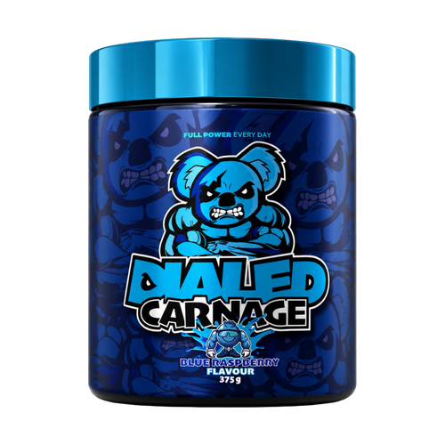 Dialed Carnage Pre Workout V2 by The X Athletics, showing the supplement container with vibrant branding and label details.