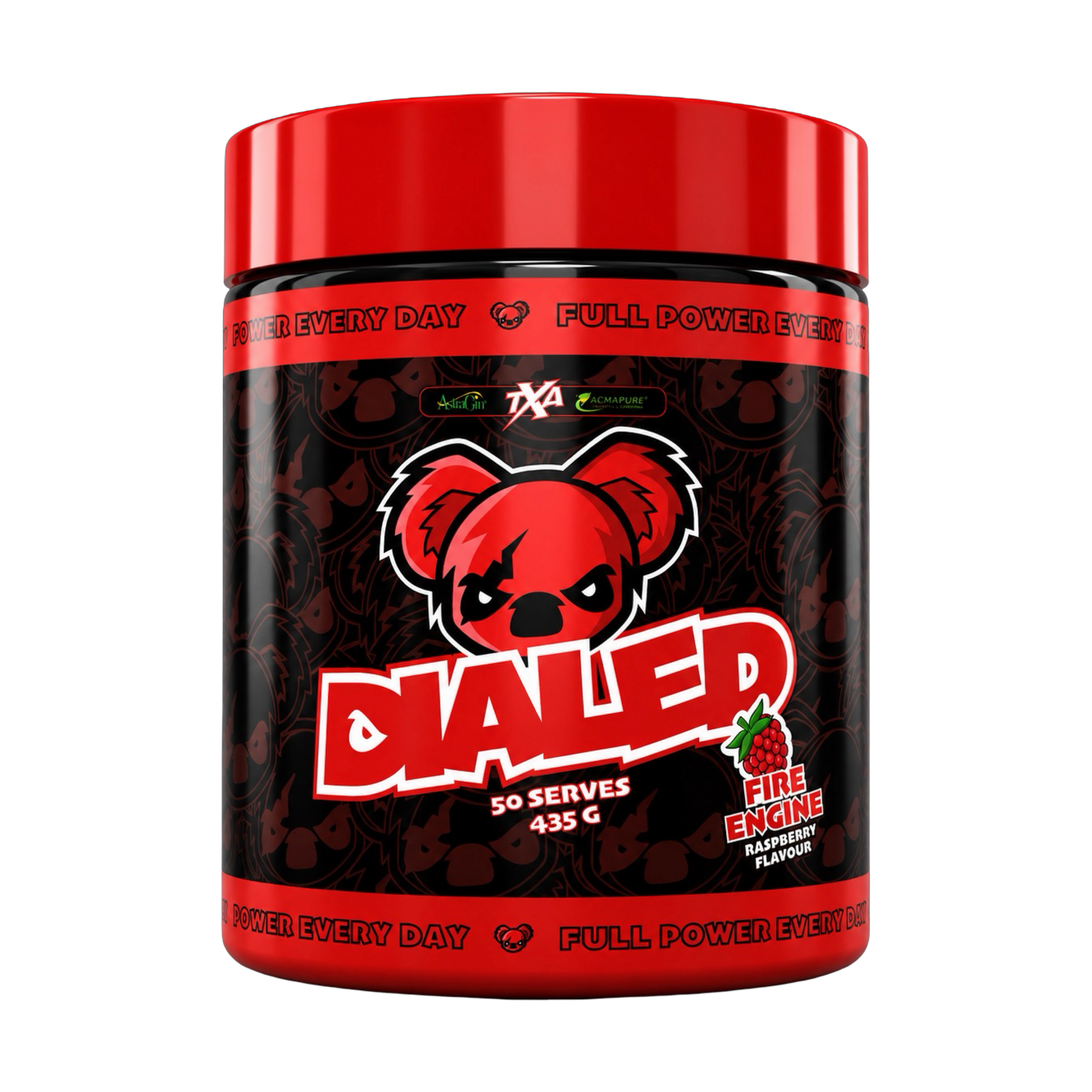 Dialed Pre Workout supplement by The X Athletics, showing a close-up of the product container with label details.