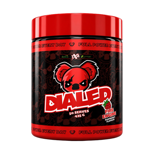 Dialed Pre Workout supplement by The X Athletics, showing a close-up of the product container with label details.