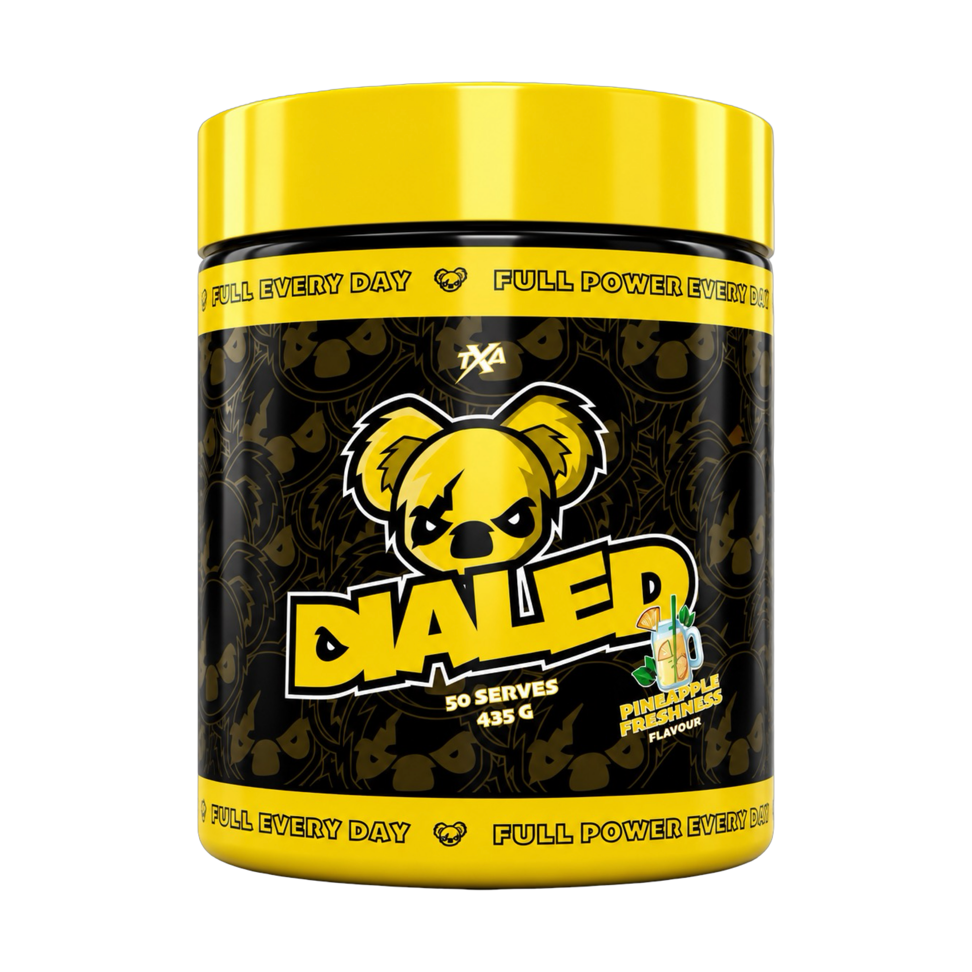 Dialed Pre Workout supplement by The X Athletics in a sleek bottle, featuring vibrant label design and supplement details.
