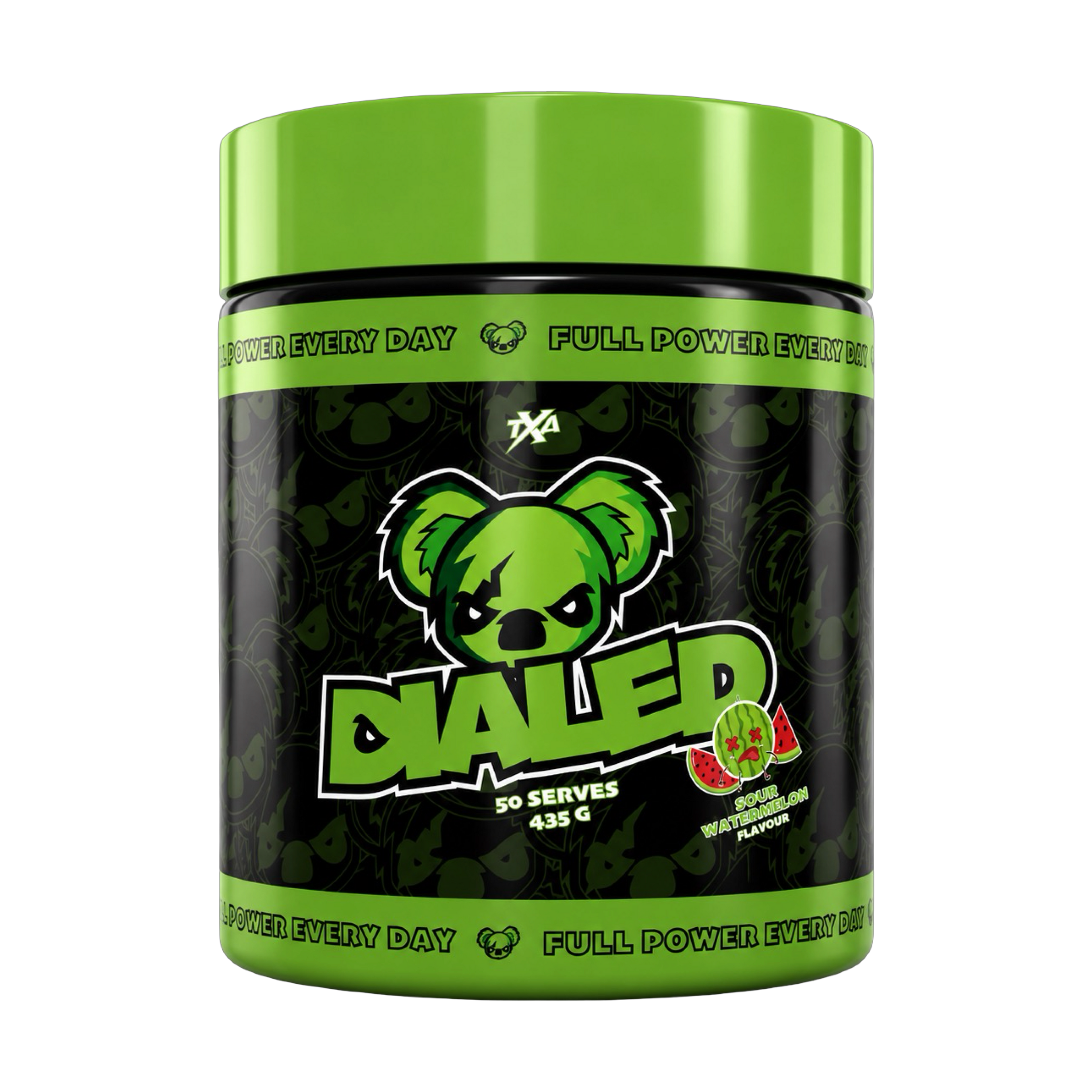 Dialed Pre Workout supplement by The X Athletics, showing a container with the label and scoop on a gym surface.