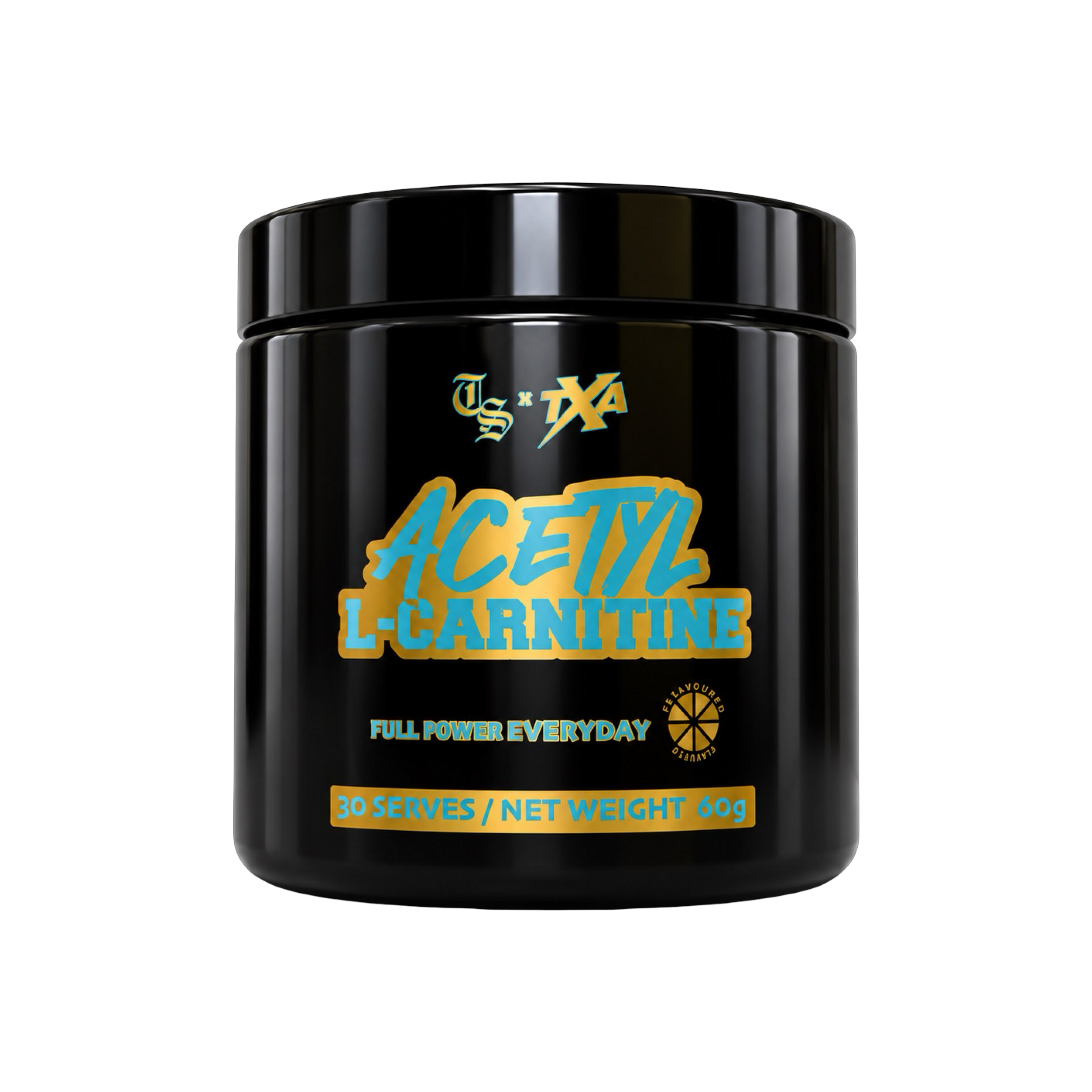 Unflavored Acetyl L-Carnitine powder in a jar, showing the supplement container from The X Athletics on a white background.
