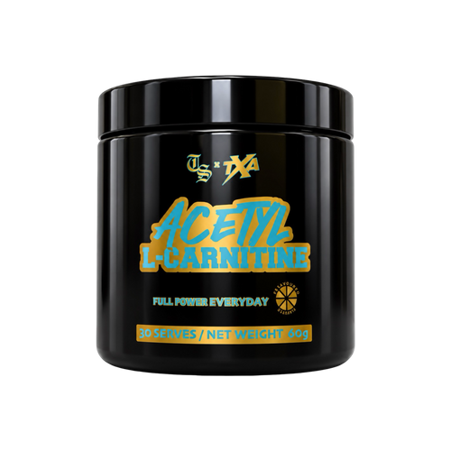Unflavored Acetyl L-Carnitine powder in a jar, showing the supplement container from The X Athletics on a white background.