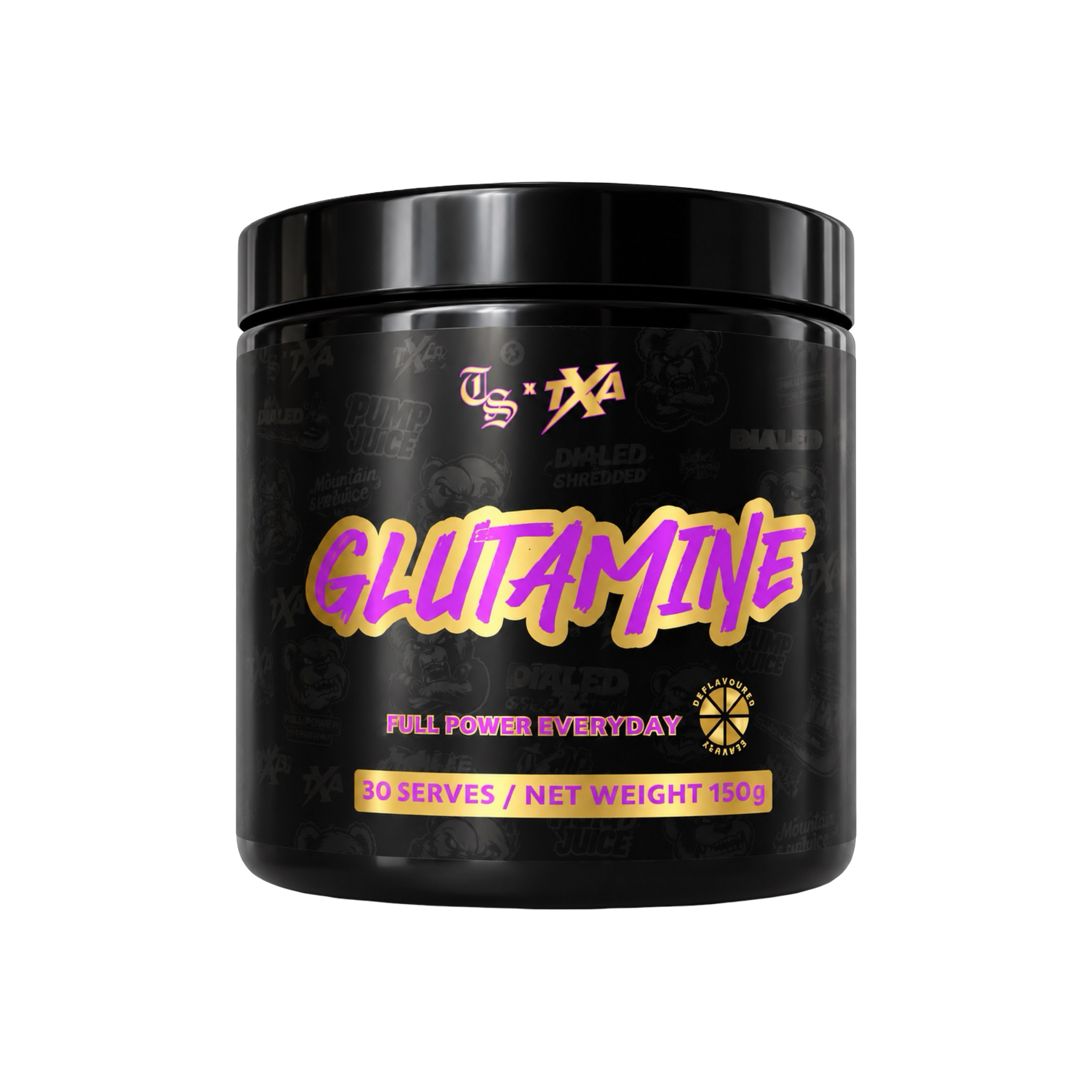 Unflavored L-Glutamine supplement by The X Athletics in a 150g container, showing the product packaging and label.