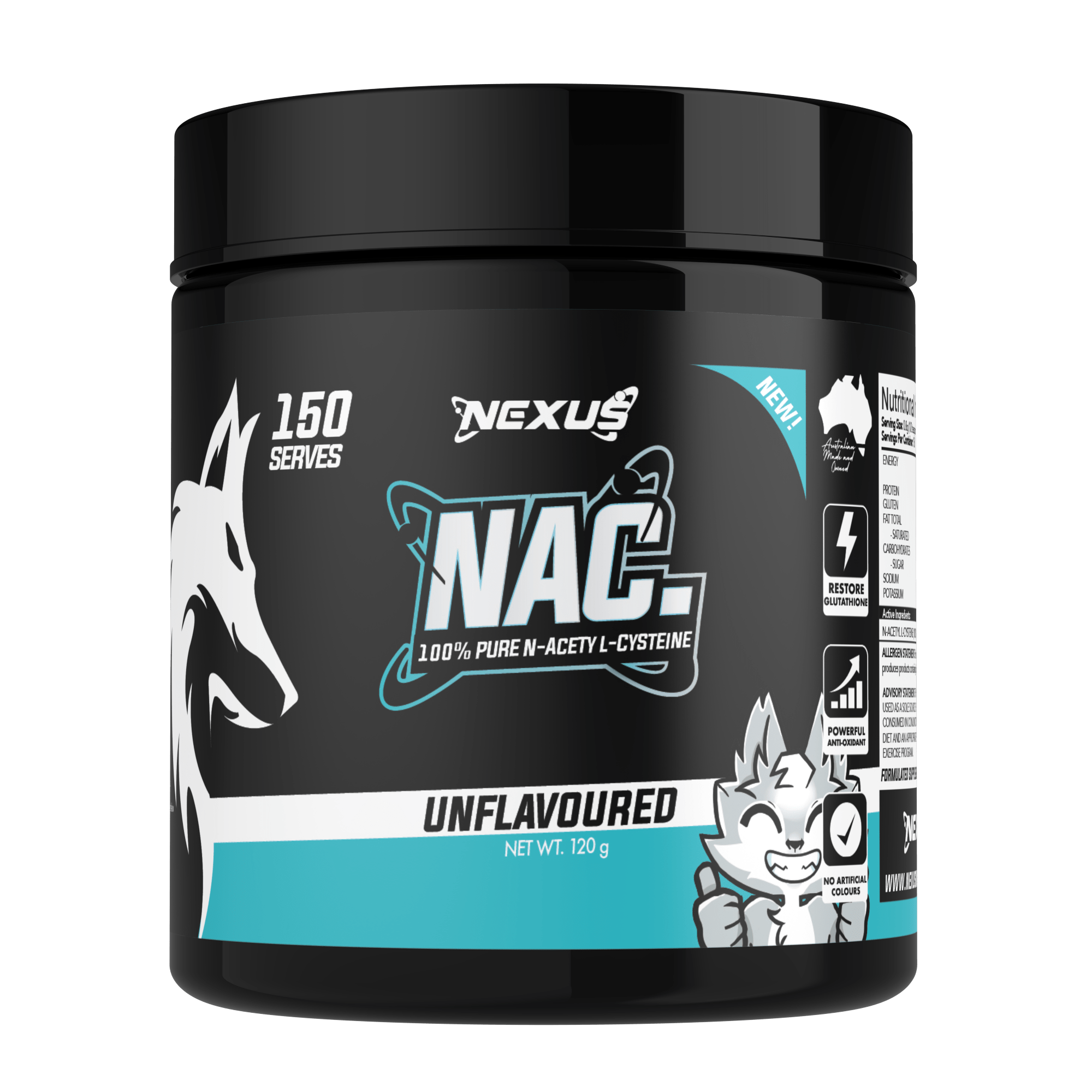 Nexus Sports Nutrition NAC essentials supplement bottle with label, close-up of the supplement container on a plain background.