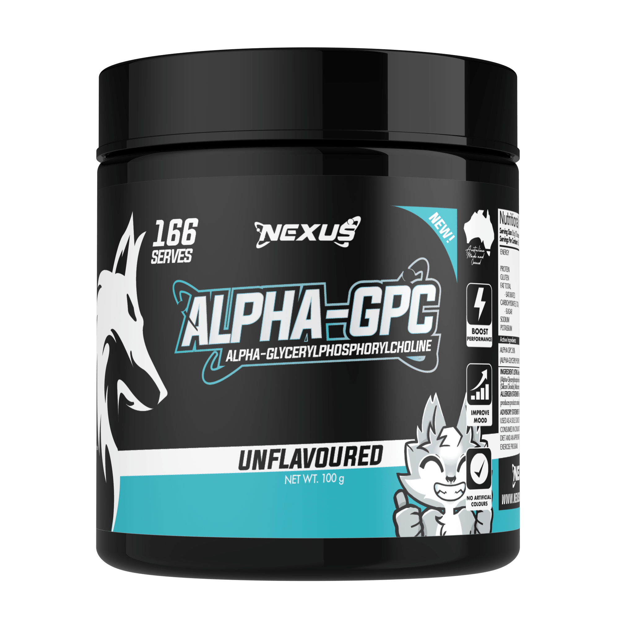 Nexus Sports Nutrition Alpha GPC essentials supplement bottle with label, showcasing dietary supplement for cognitive support.