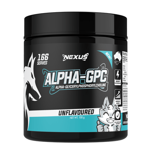 Nexus Sports Nutrition Alpha GPC essentials supplement bottle with label, showcasing dietary supplement for cognitive support.