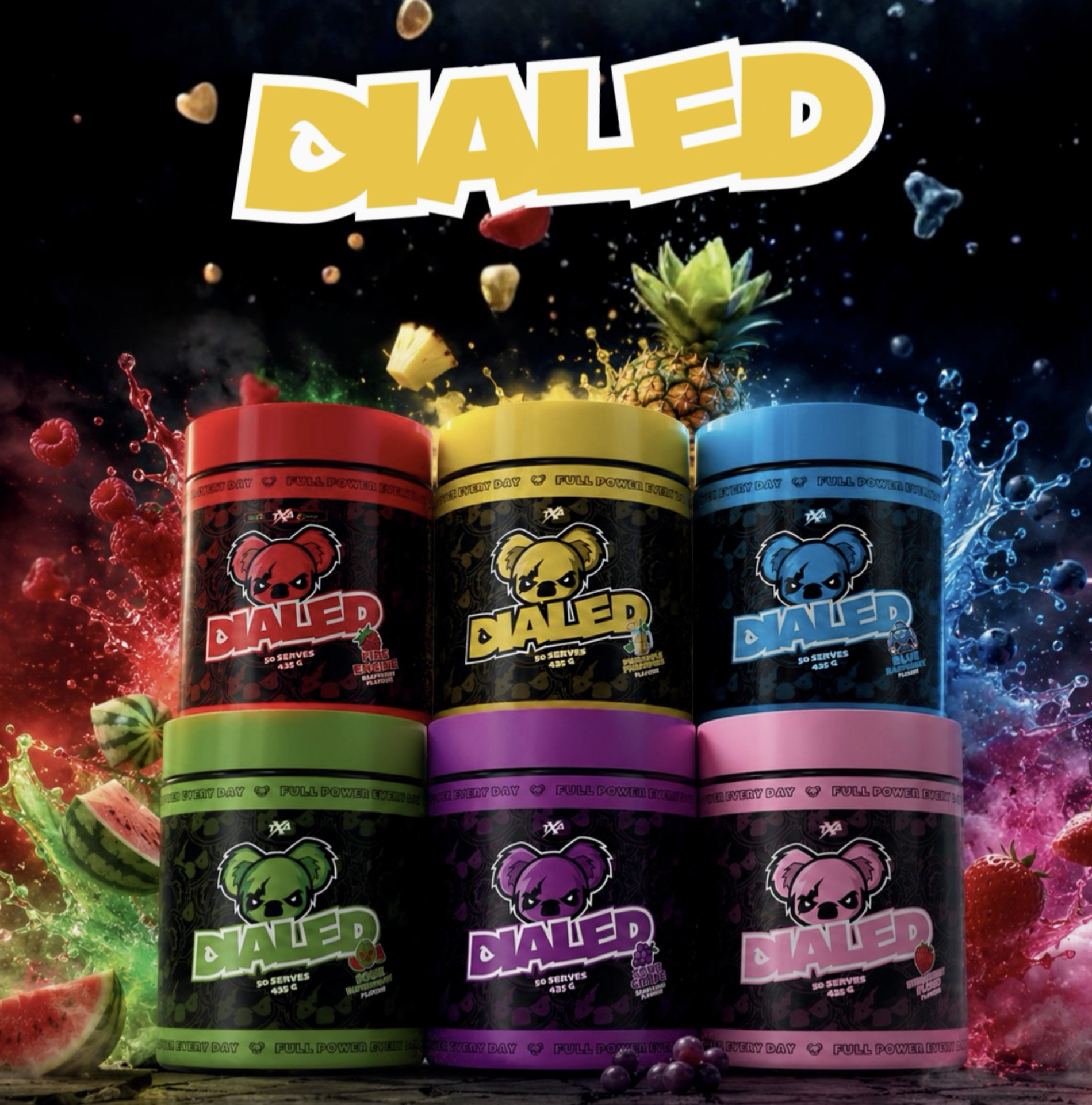 Dialed Pre Workout supplement from The X Athletics, showing a container with vibrant label design and scoop of powder inside.