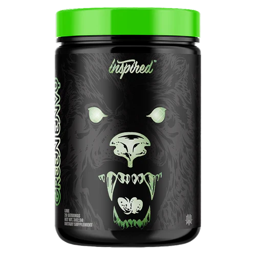 Inspired DVST8 BBD NutraCieticals container with green-lime flavor and 25 serves, showcasing the product label and vibrant packaging.