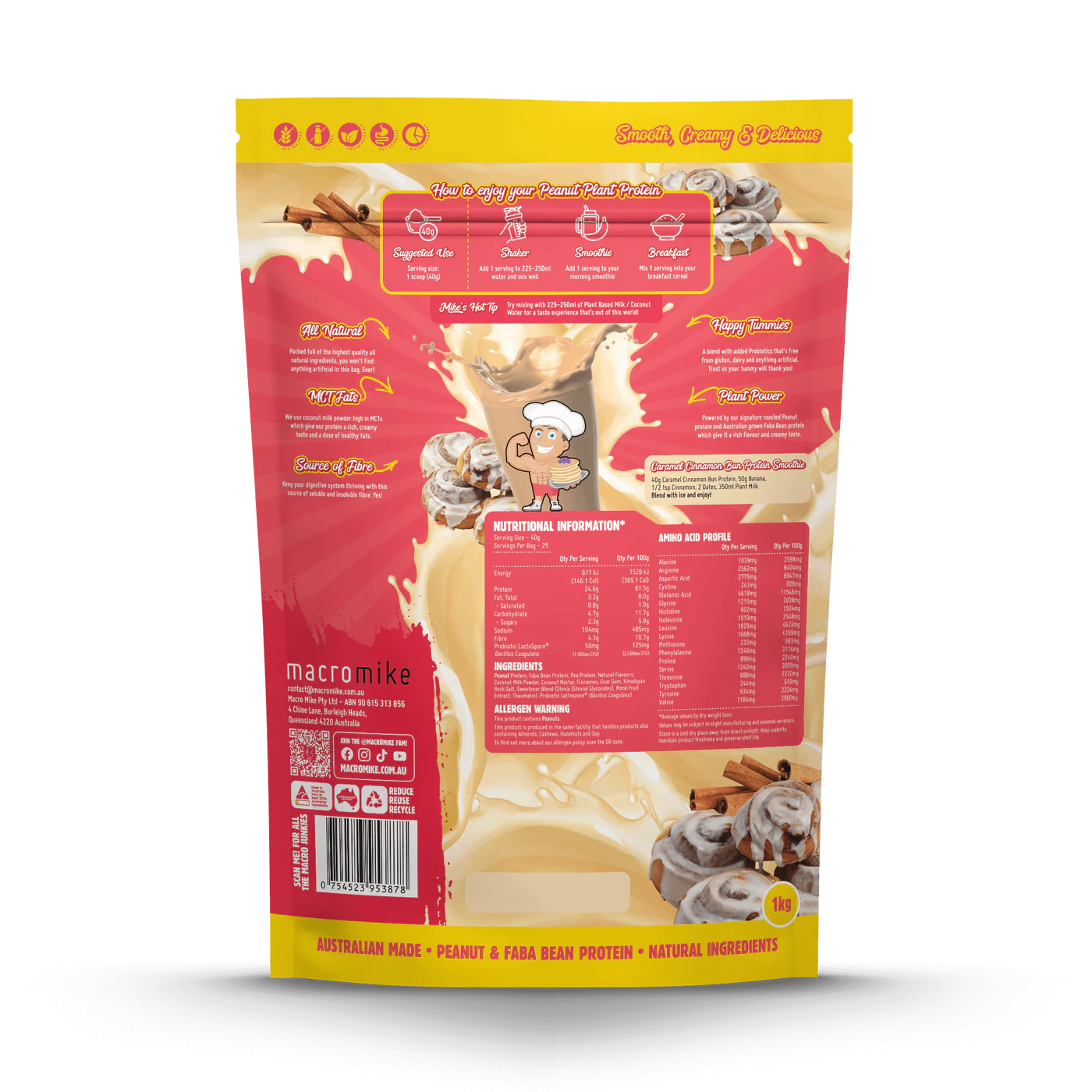 MACRO MIKE plant-based protein powder in a resealable bag, featuring natural ingredients and eco-friendly packaging.