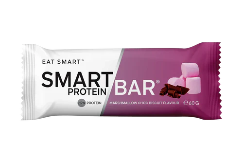 SMART DIET SOLUTIONS Smart Protein Bar with marshmallow, chocolate, and biscuit flavors, showing a close-up of the bar's texture.