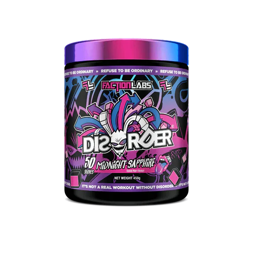 FACTION LABS Disorder Original supplement container featuring Midnight Sapphire flavor, with product label and branding visible.