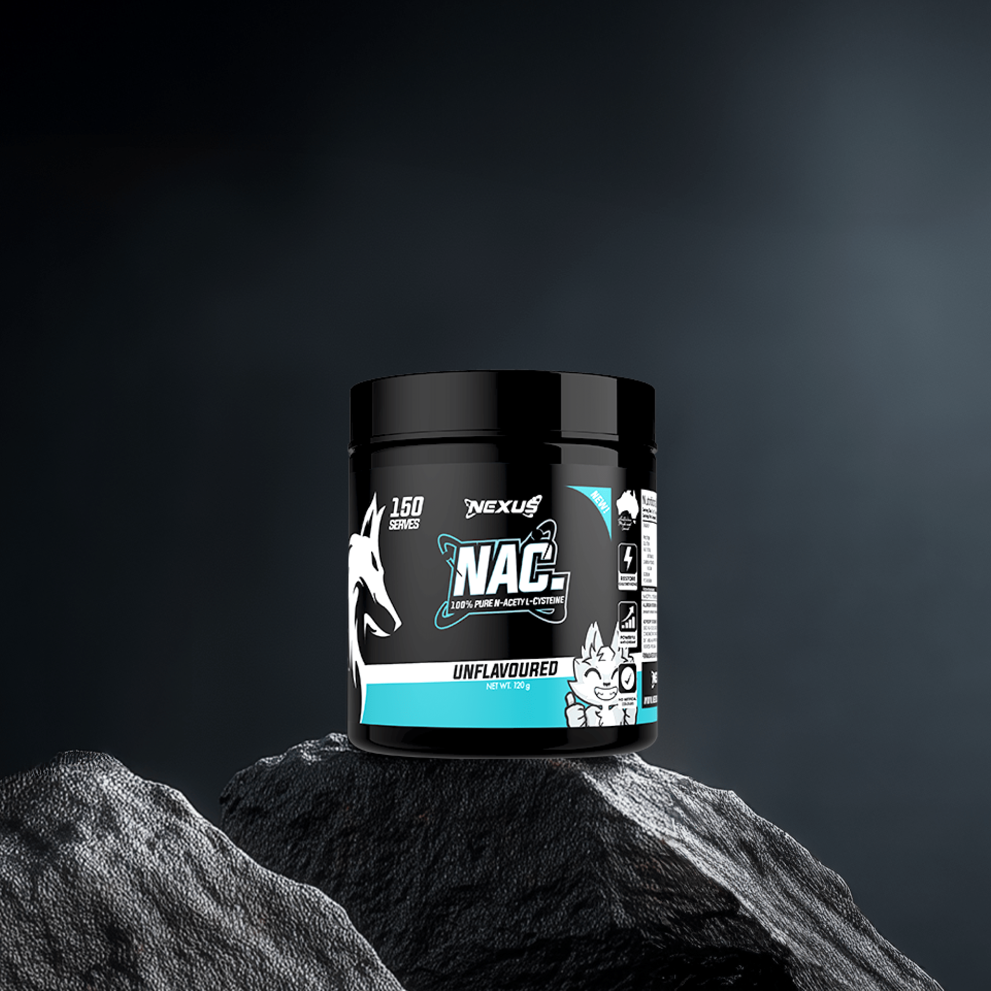 Nexus Sports Nutrition NAC supplement bottle showing white capsules and label with product details.