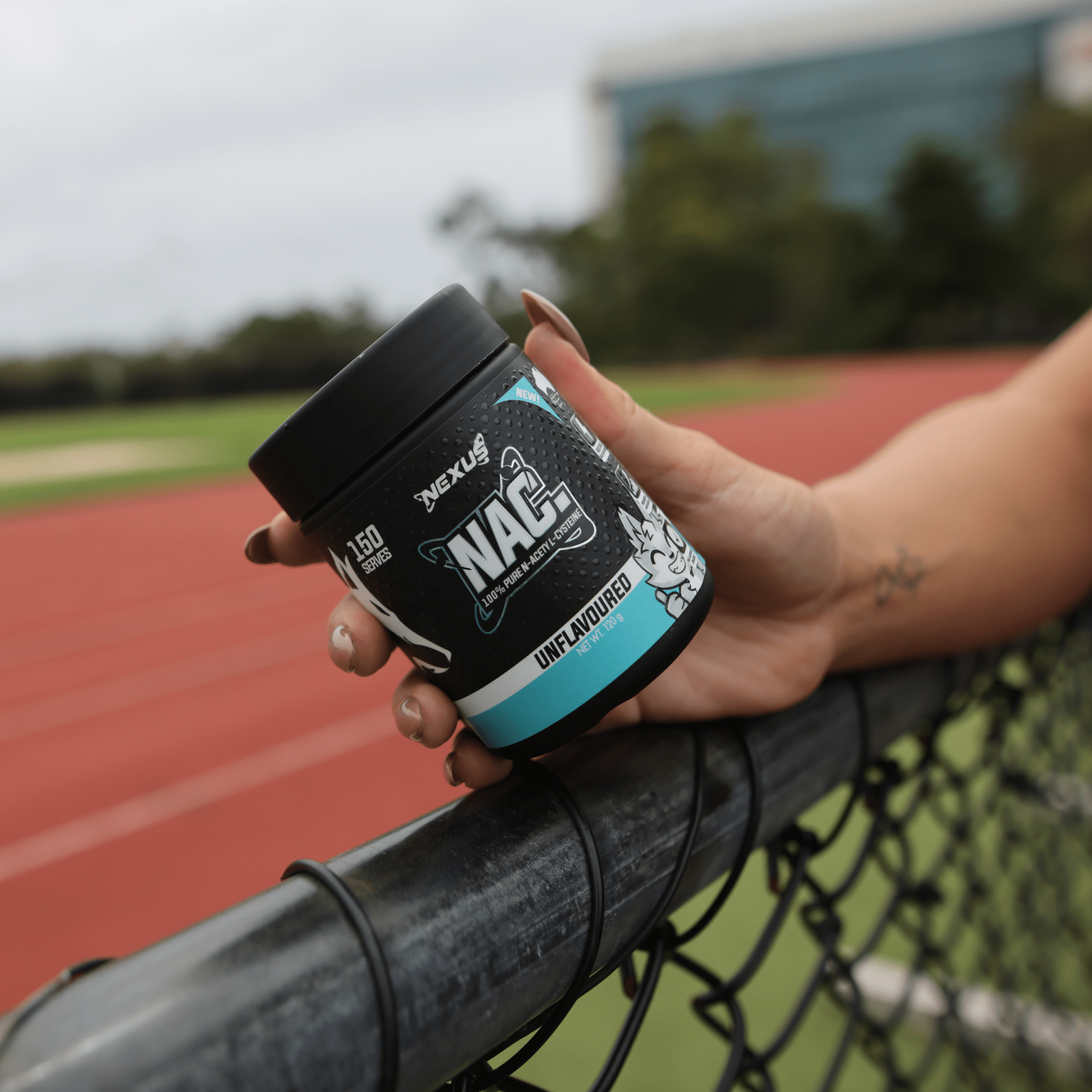 Nexus Sports Nutrition NAC supplement bottle with label, showcasing the Essentials line, designed for immune support and antioxidant health.