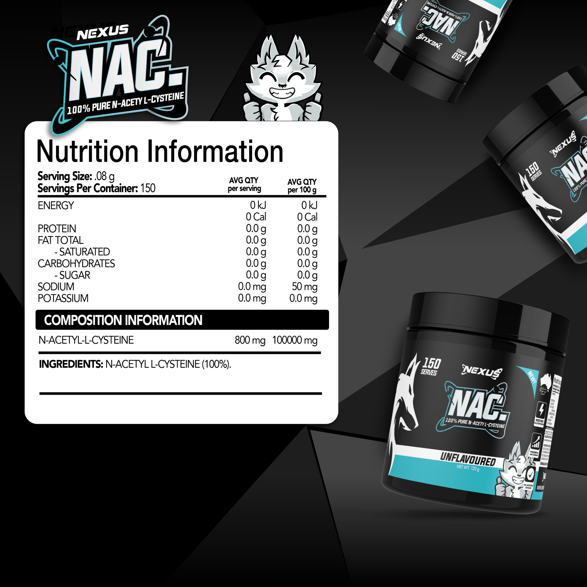 Nexus Sports Nutrition NAC essentials supplement bottle with white label and black cap, showing the product front.