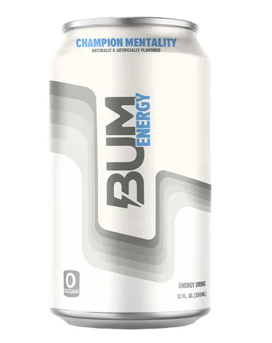 BUM ENERGY RTD energy drink can with vibrant design, showcasing the BUM ENERGY brand logo and champion mentality theme.