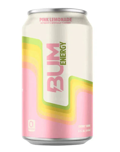 BUM ENERGY RTD in 355ml pink lemonade flavor, bright pink can with lemon slices and energetic branding on the label.