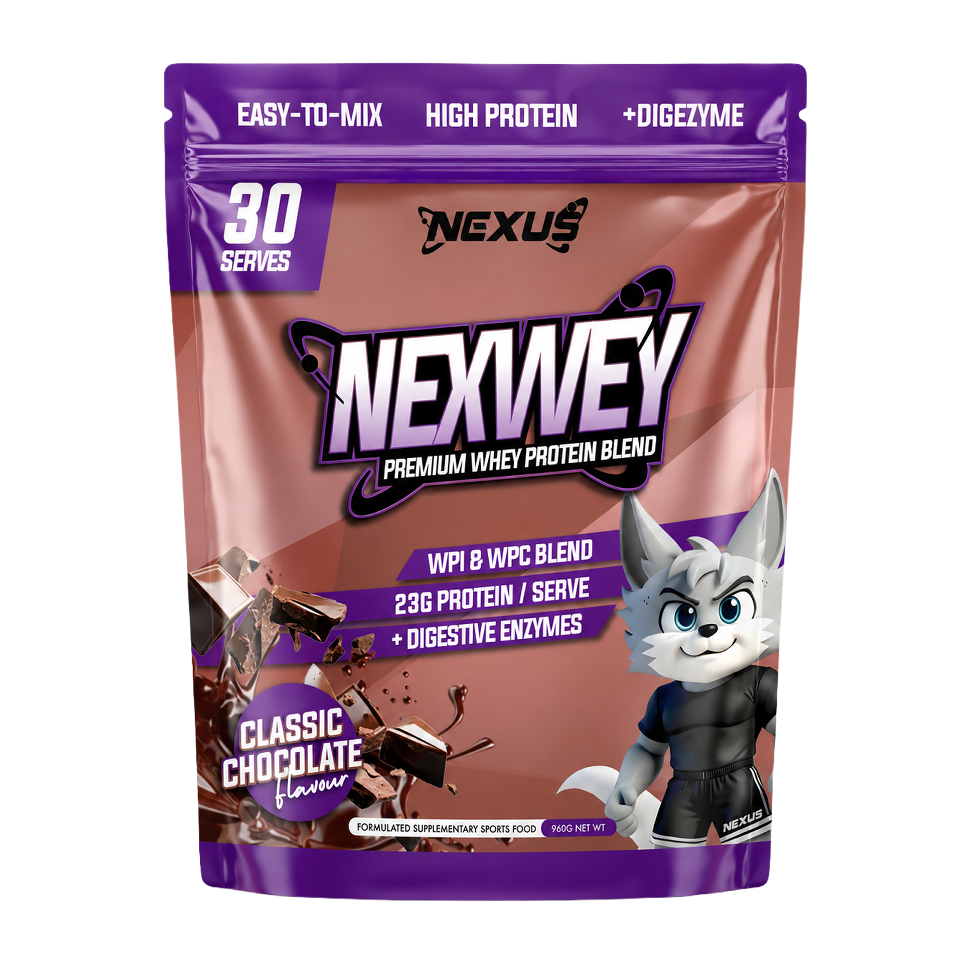 Nexus Nutrition Nexwey Whey Protein container with label showing NEXUS branding and product details.