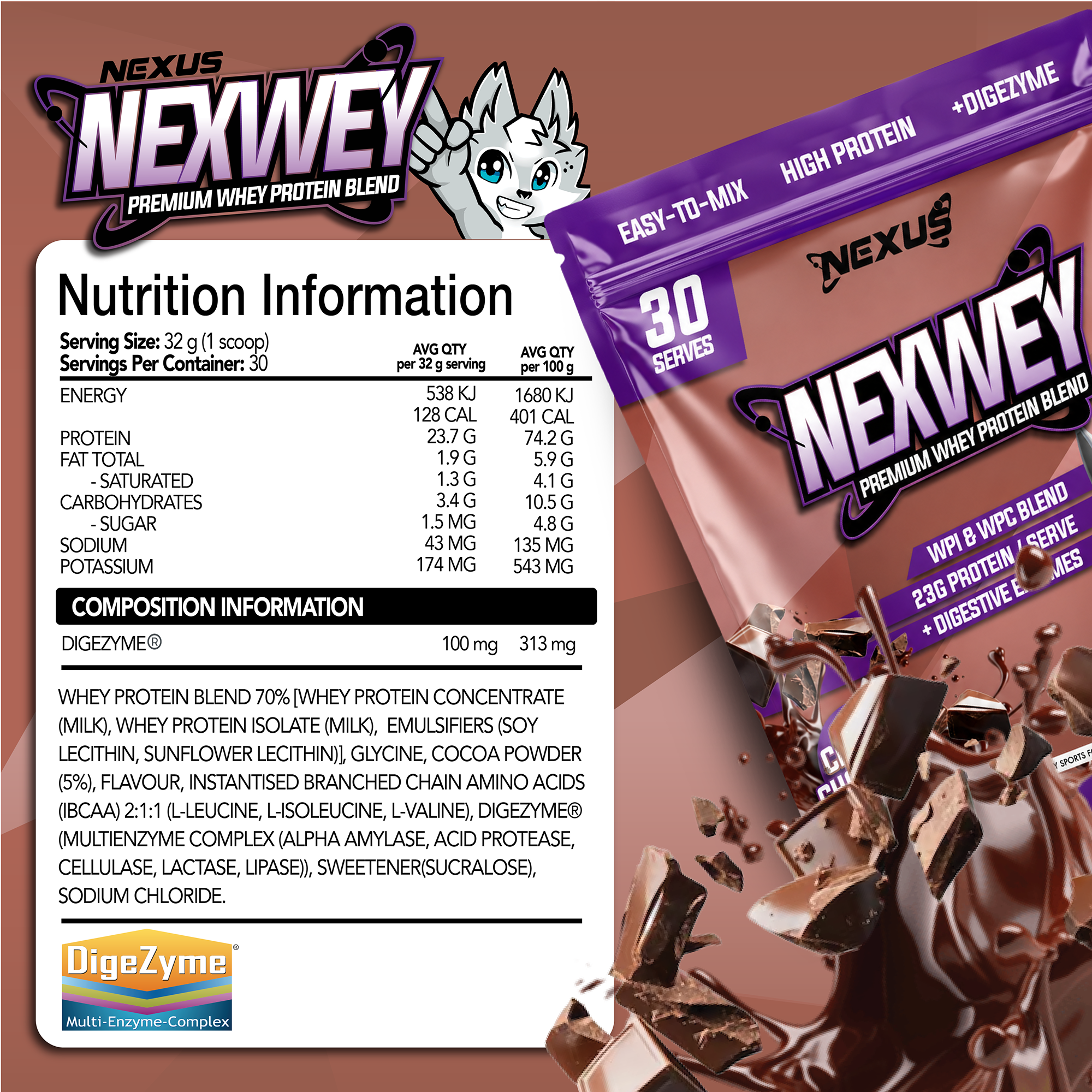 Nexus Nutrition Nexwey Whey Protein container with label showing the NEXUS branding and product details.