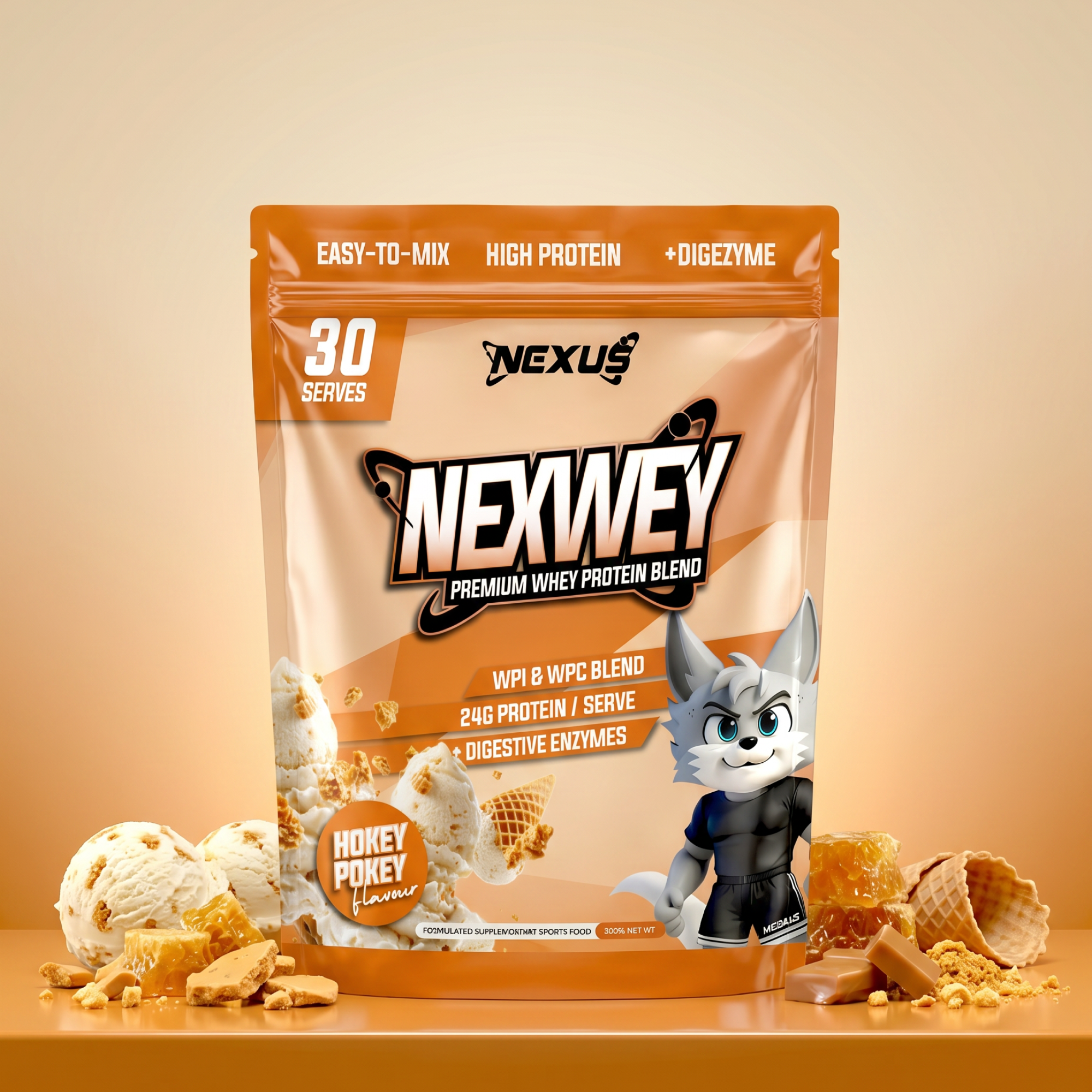 Nexwey Whey Protein container from Nexus Nutrition with NEXUS branding, showing the product label and flavor details.