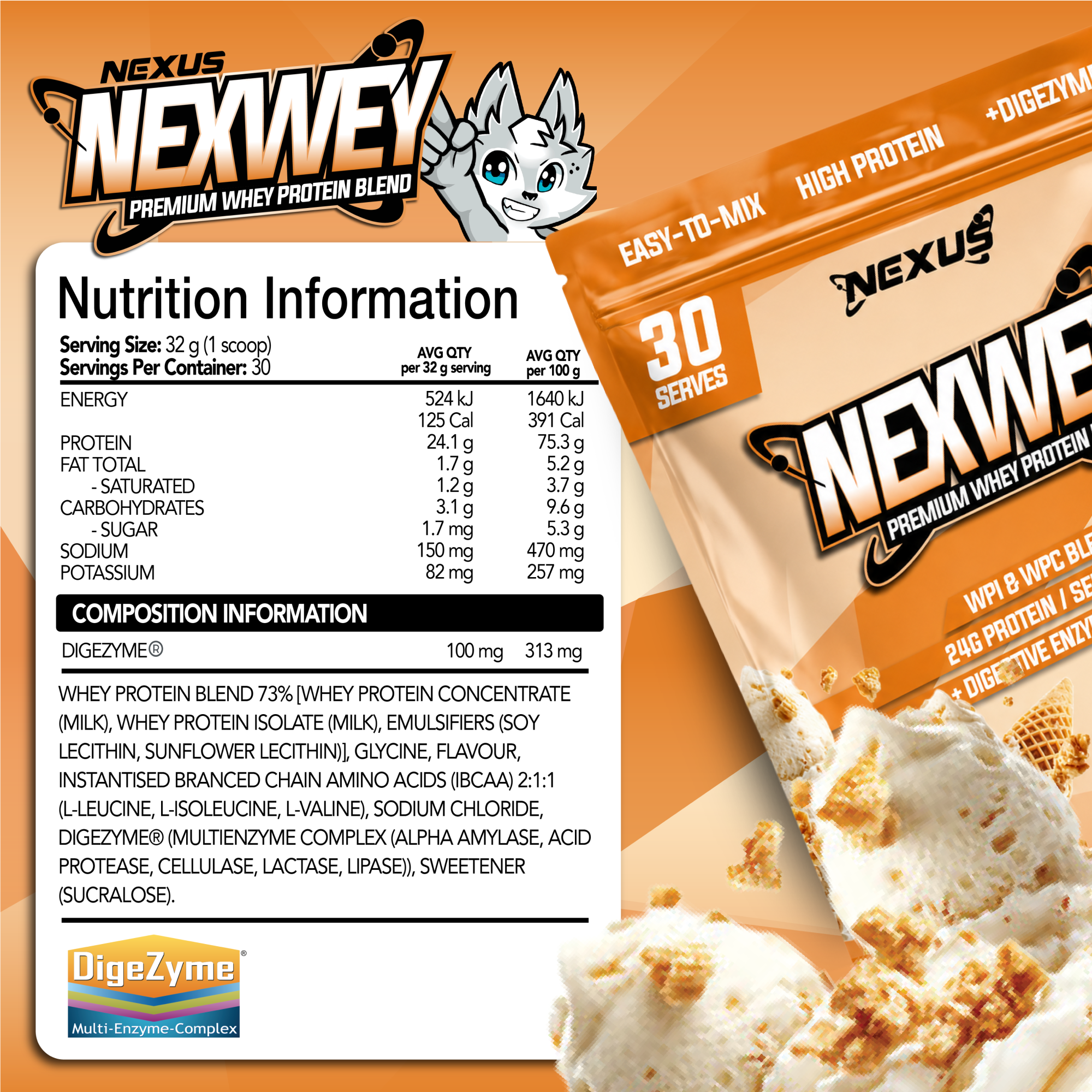 Nexus Nutrition Nexwey Whey Protein container with label, highlighting the NEXUS product line and whey protein supplement.