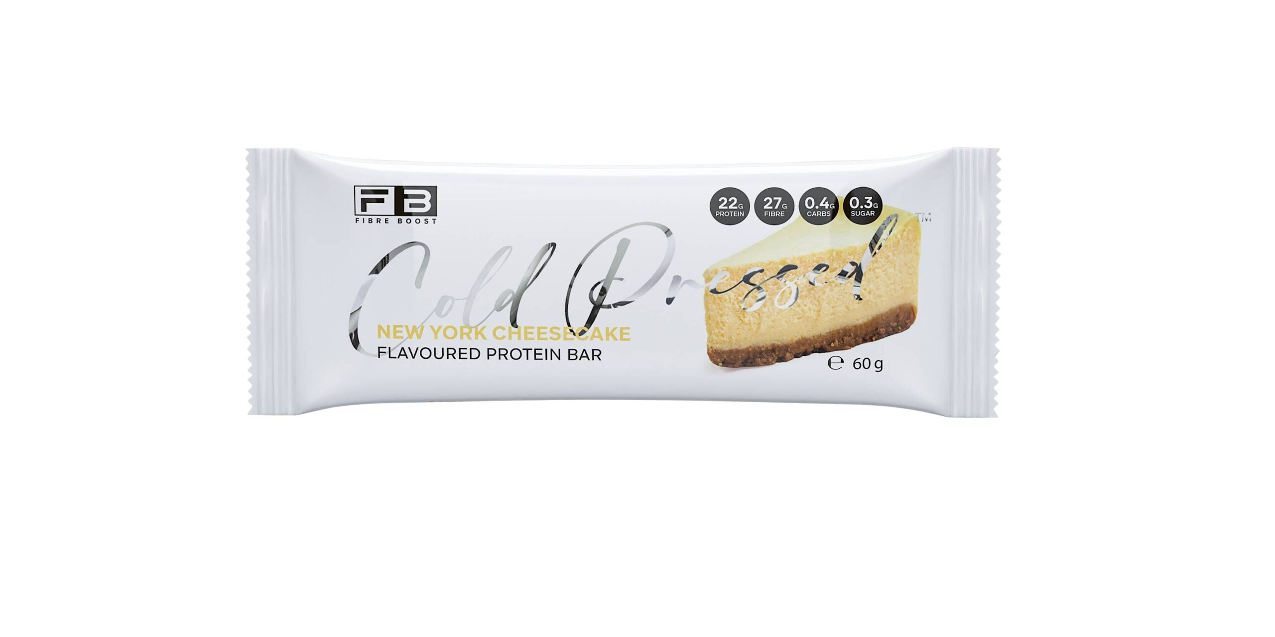 Fibre Boost Protein Bar with New York Cheesecake flavor, showing the bar with cheesecake-inspired design and packaging.