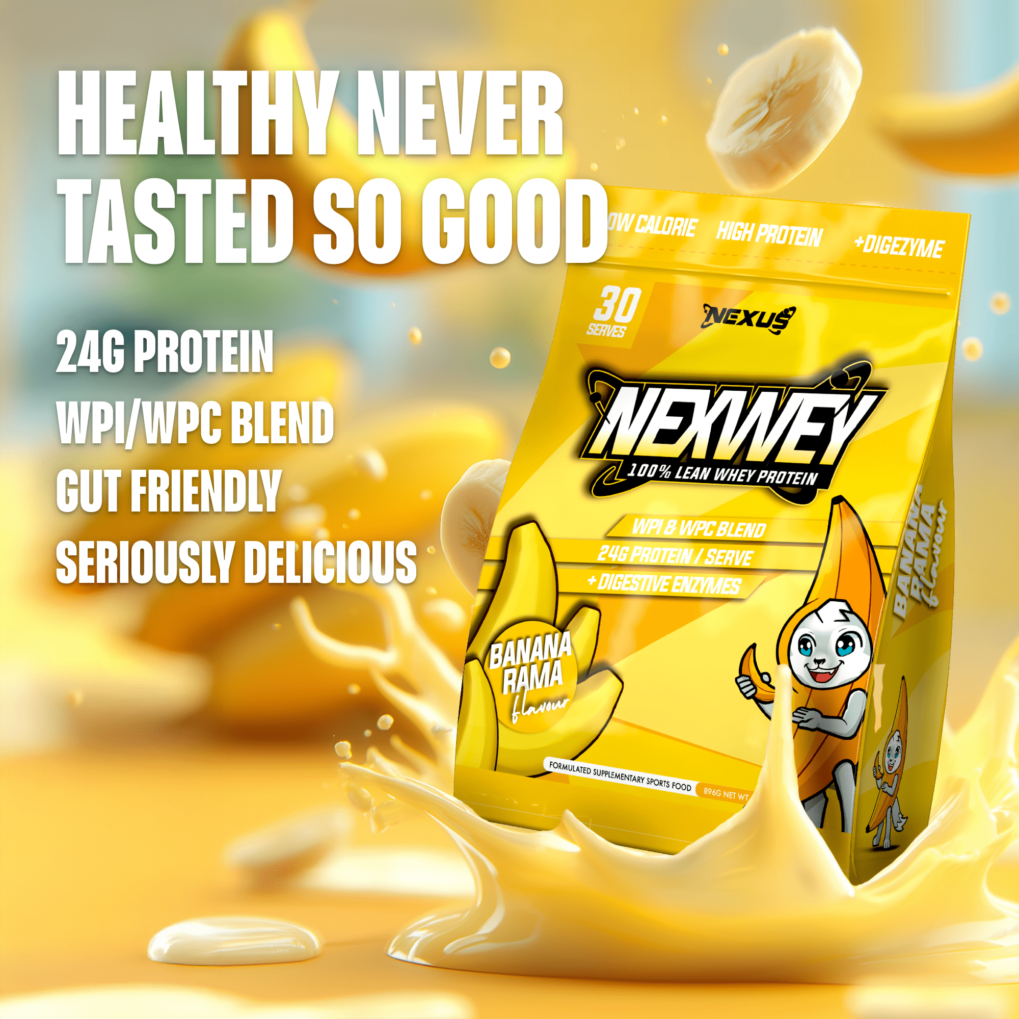 Nexus Nutrition Nexwey Whey Protein in Bananarama flavor, featuring a resealable container and scoop for easy mixing.