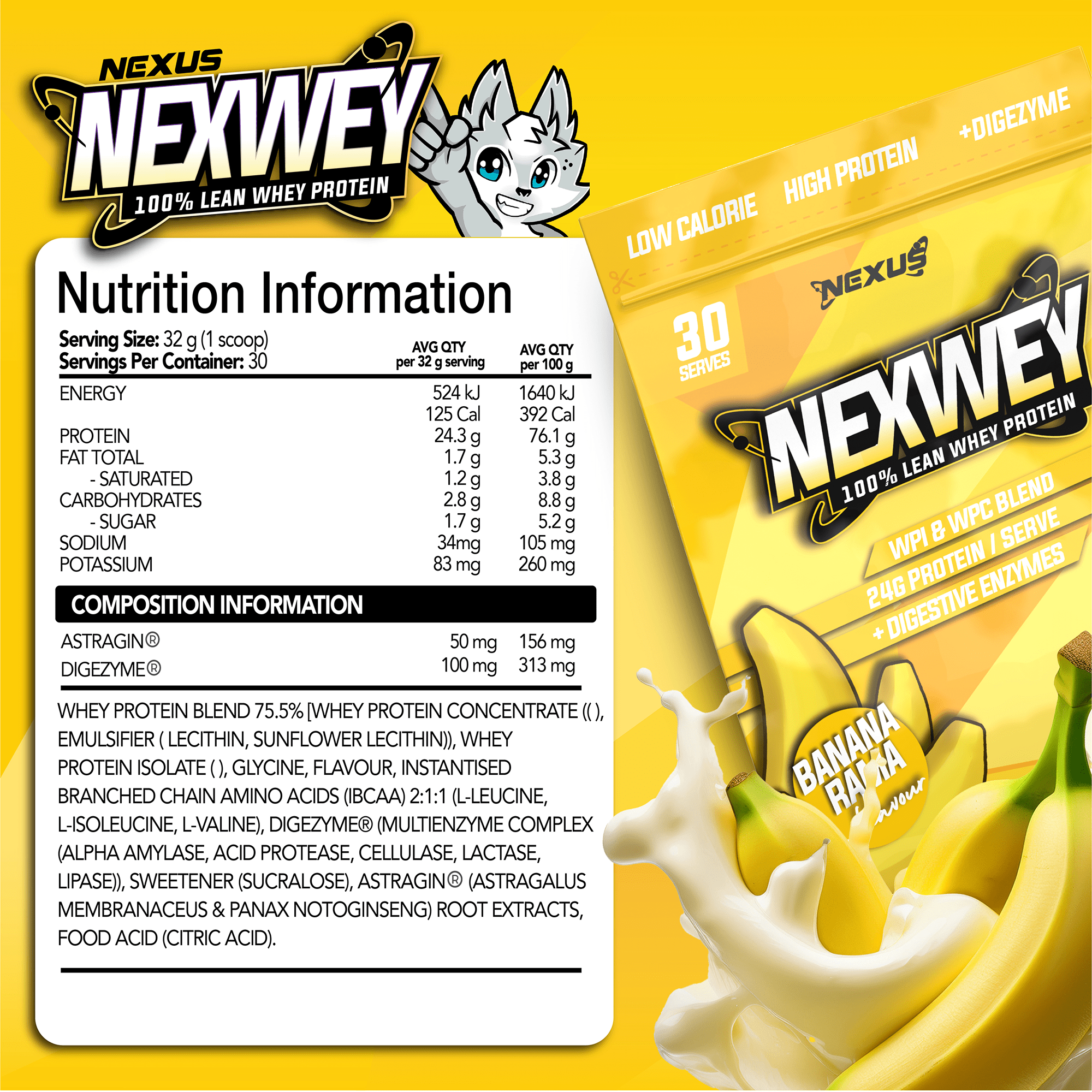 Nexwey Whey Protein NEXUS flavor Bananarama in a container with scoop and banana slices, from Nexus Nutrition.