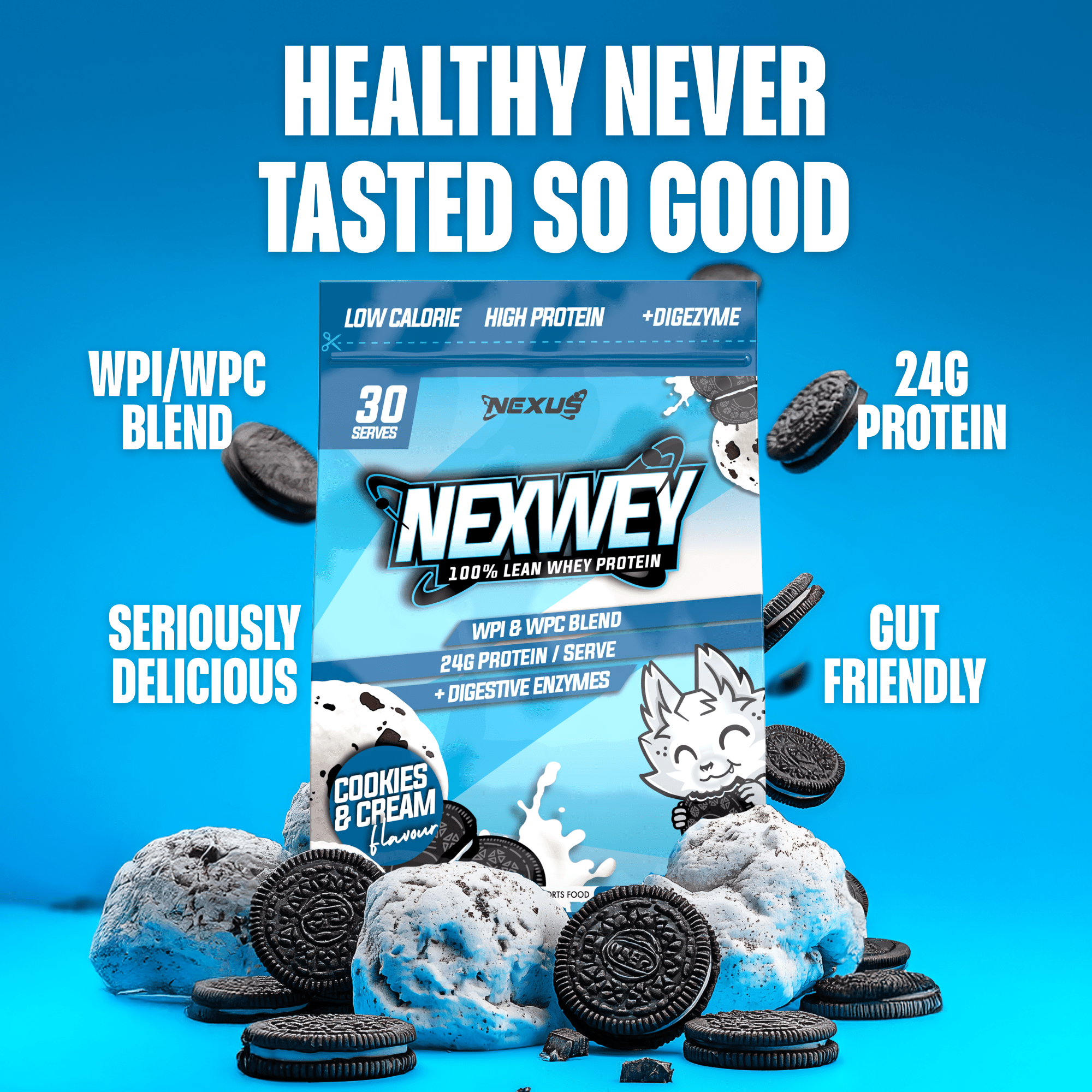 Nexwey Whey Protein Nexus Nutrition in Cookies & Cream flavor, showing the product container with flavor label and branding.