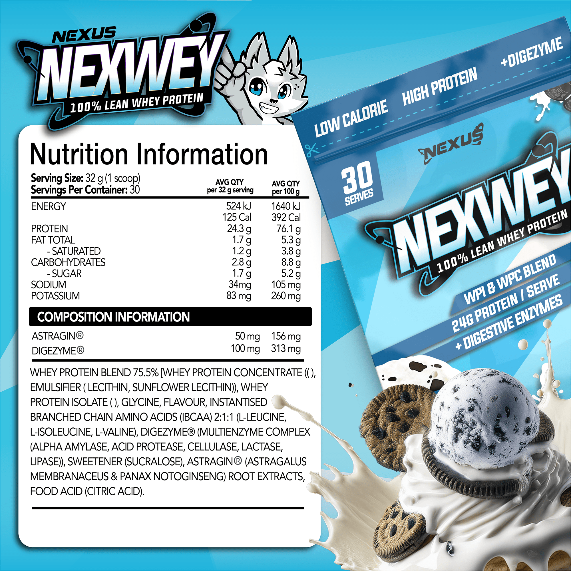 Nexwey Whey Protein NEXUS flavor Cookies Cream by Nexus Nutrition, showing the protein powder container with packaging.
