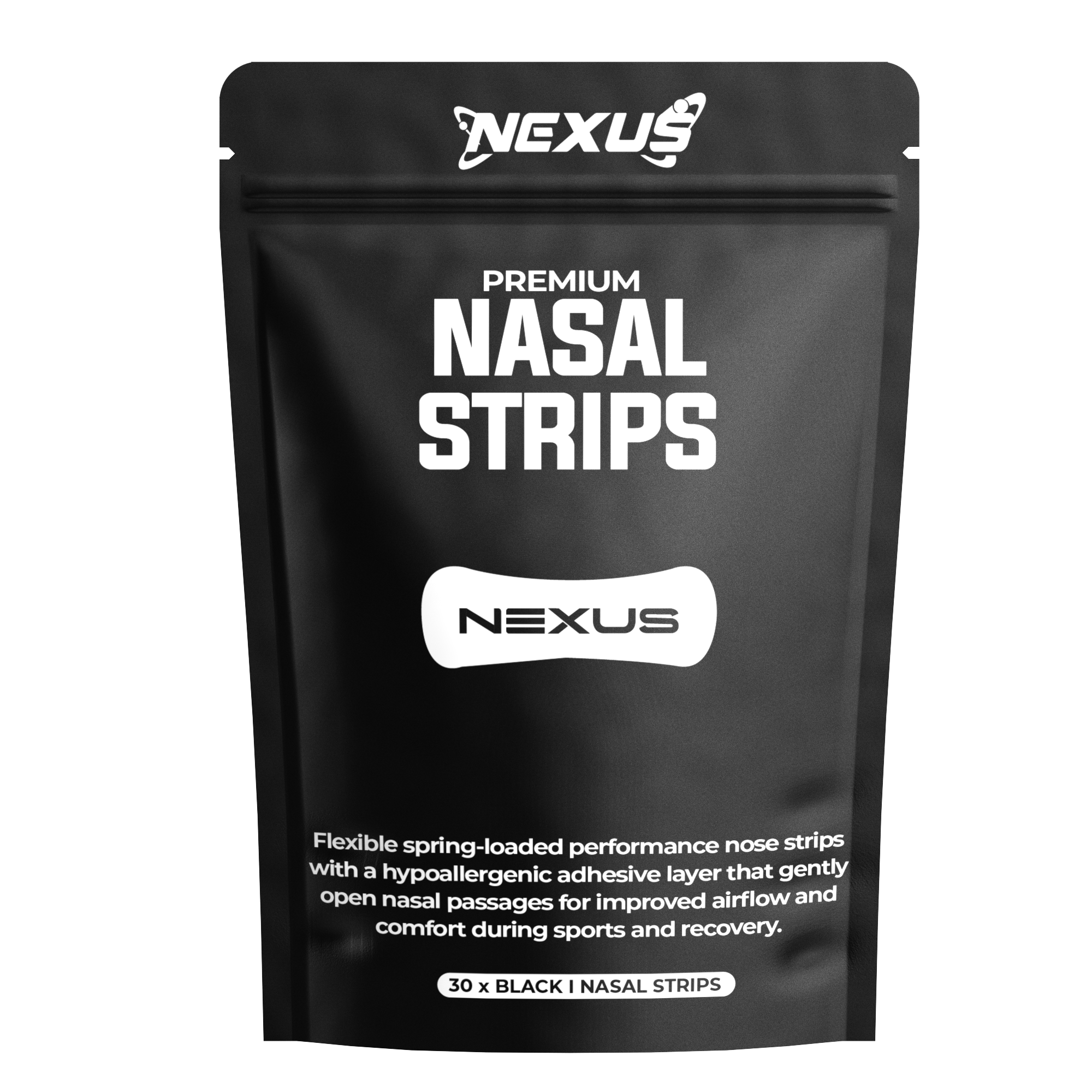 Nexus Sports Nutrition Premium Nasal Strips showing the clear adhesive strips designed to open nasal passages.