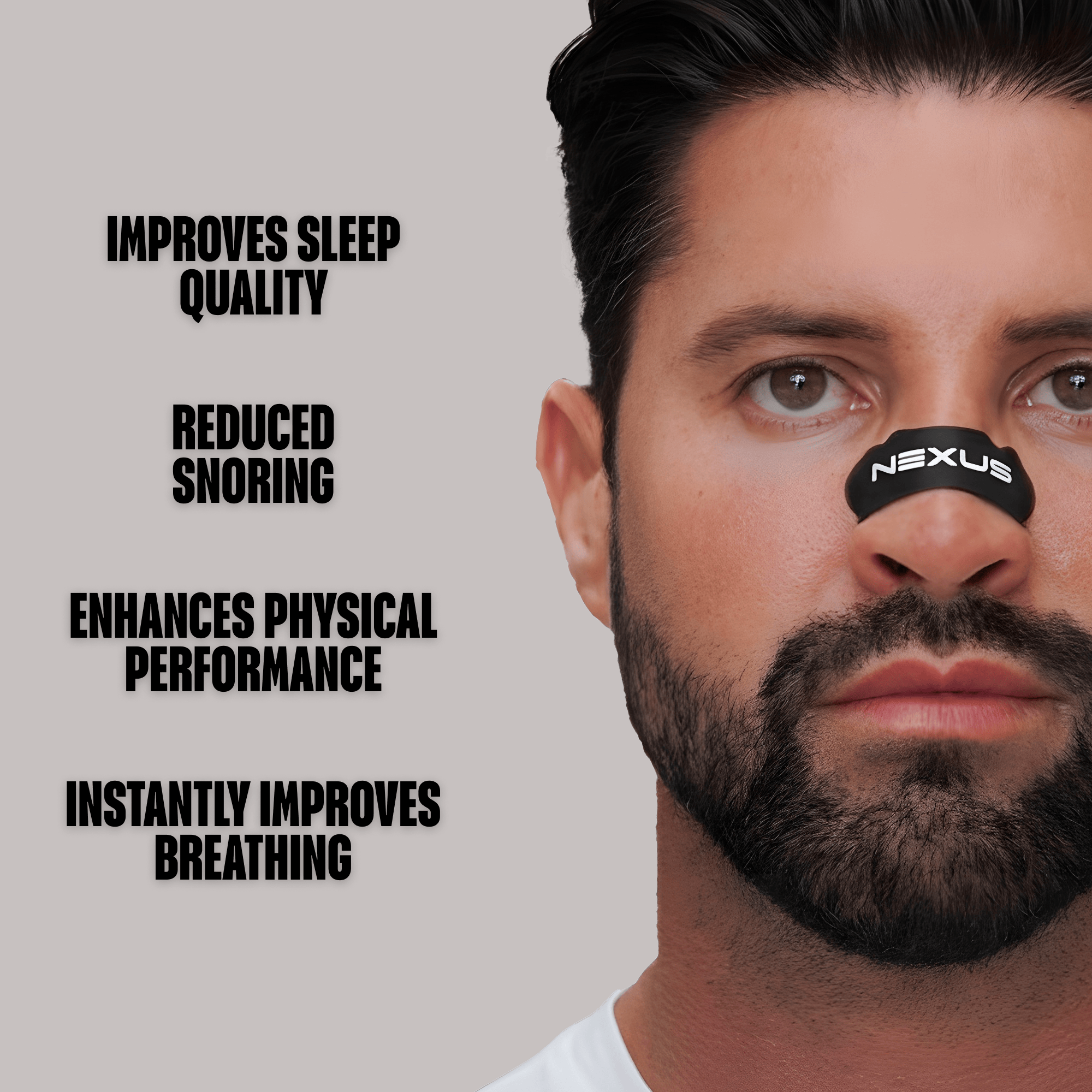 Nexus Sports Nutrition Premium Nasal Strips shown on nose, designed to improve airflow and reduce nasal congestion.