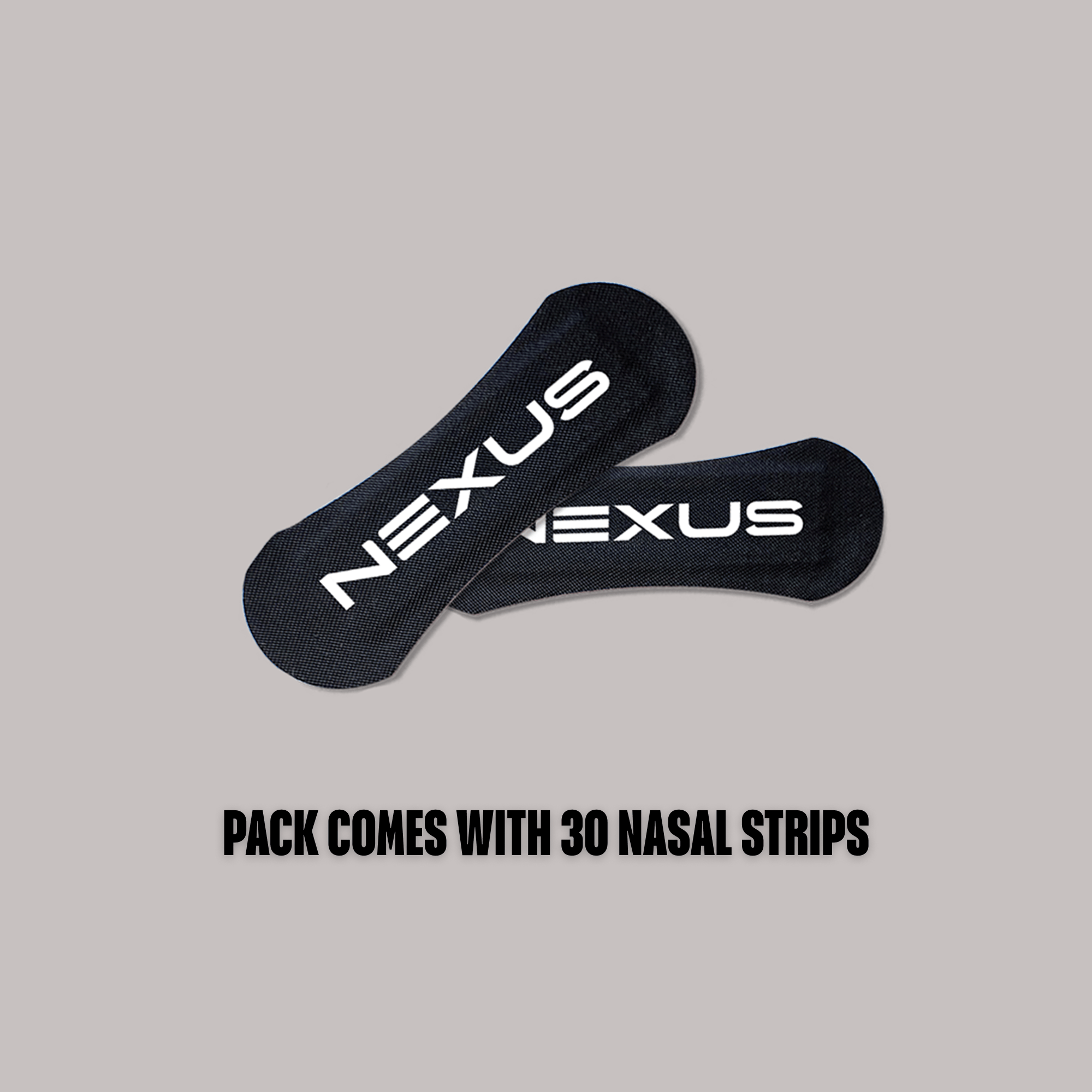 Nexus Sports Nutrition Premium Nasal Strips shown on nose to improve airflow and reduce nasal congestion during physical activity.