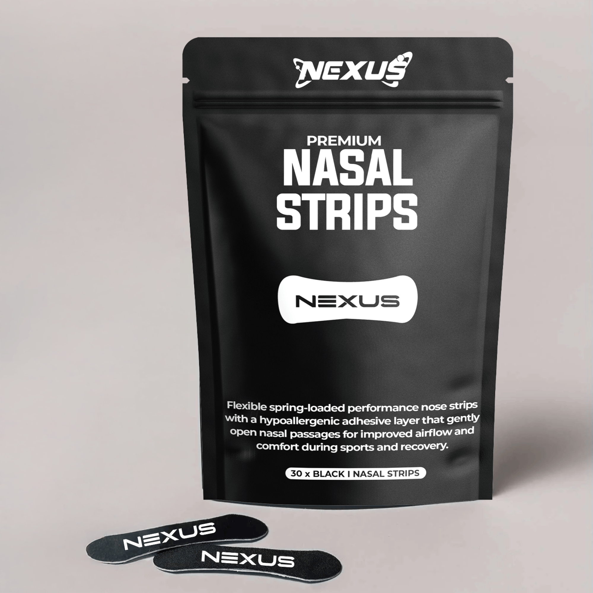 Nexus Sports Nutrition Premium Nasal Strips for improved airflow and breathing, shown on a white background.