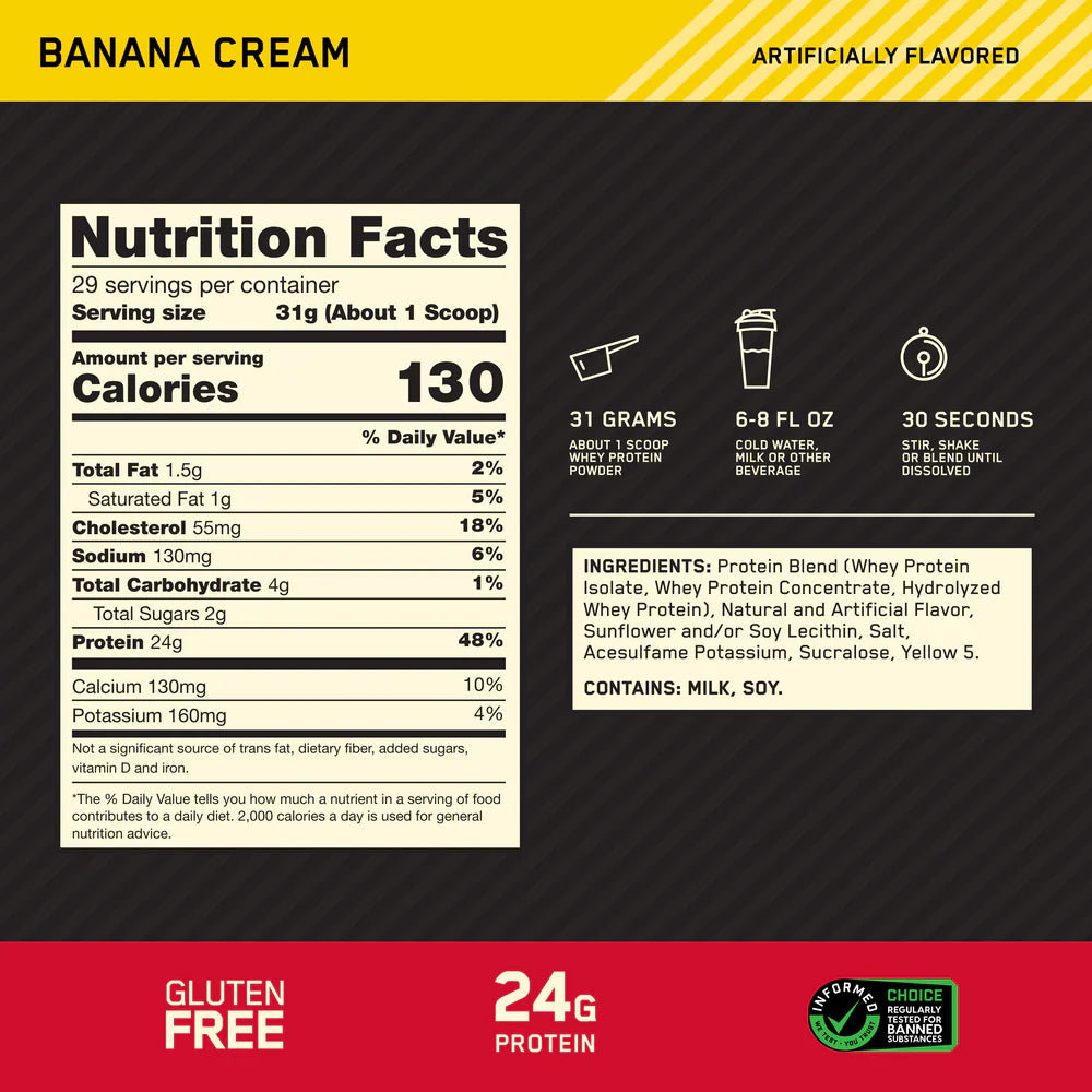 Container of Optimum Nutrition 100% Gold Standard Whey protein powder in a white tub with a yellow and black label.