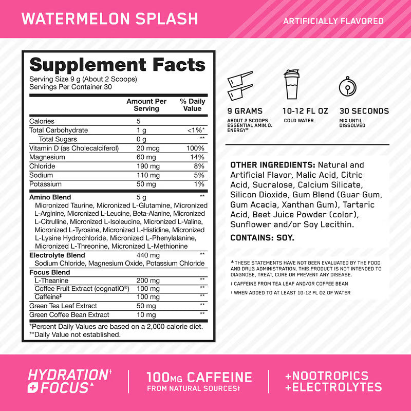 Optimum Nutrition Amin.O. Energy + Electrolytes supplement in a container with a label showing product details and flavor.