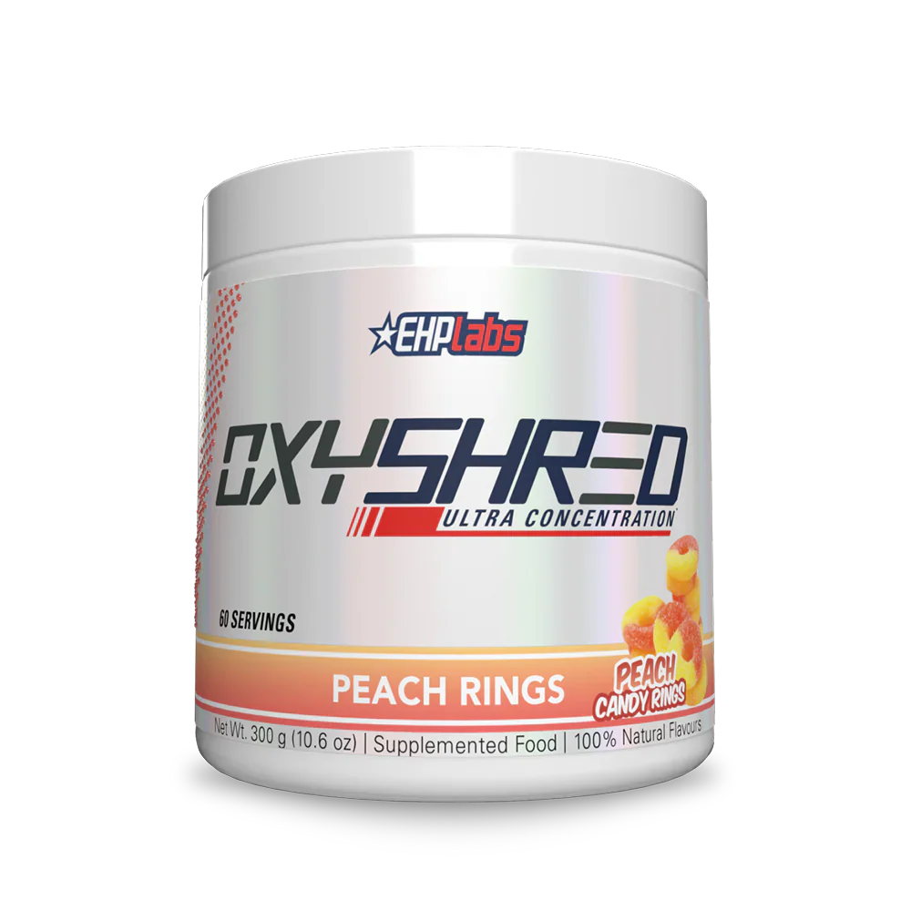 EHP LABS OXYSHRED supplement container with label, showing the EHP LABS brand logo and product name on a white background.