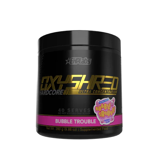 EHP LABS OXYSHRED HARDCORE supplement bottle with label, front view showing branding and product details.