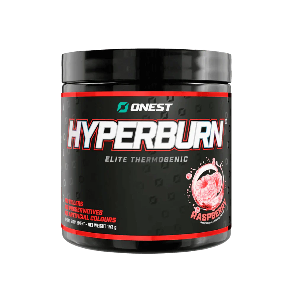 Onest Hyperburn supplement container with raspberry flavor and 30 servings, featuring vibrant branding and packaging design.