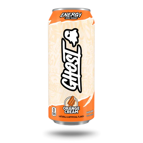 GHOST ENERGY orange cream flavored energy drink can with vibrant orange and white design, front view showing branding and flavor label.