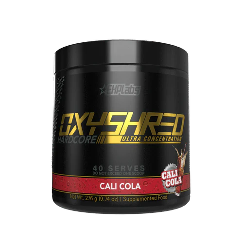 EHP LABS OxyShred Hardcore Cali Cola flavor in a 500ml bottle with vibrant label and branding, ready for hydration and energy boost.