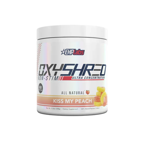 EHP LABS OxyShred Non-Stim fat burner supplement container with peach-flavored label on a white background