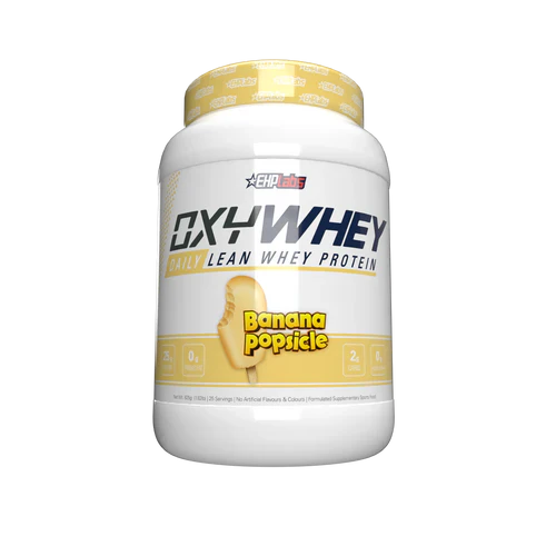 EHP LABS OxyWhey banana flavored protein powder tub with a yellow and black label, displayed in a clean container.