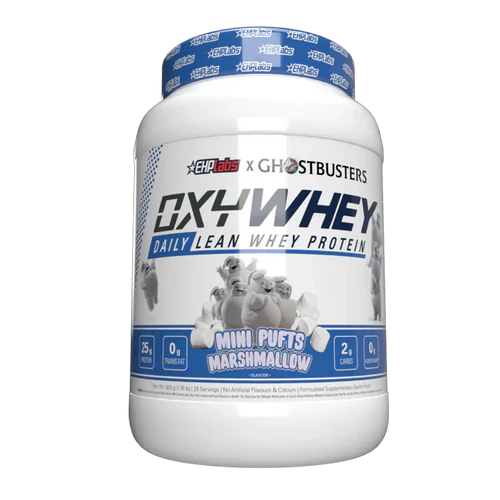 EHP LABS OxyWhey mini protein puffs in a clear container with label, showcasing the snack's light, airy texture and branding.